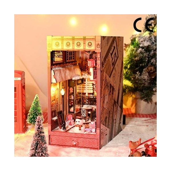 CCogzbb Kit de Coin Livre de Noël Bricolage, Serre-Livres en Bois pour Maison de Poupée avec Lumière LED, Insertion Détagère