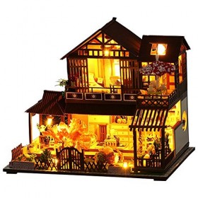 WDC Kit maison de poupée 3D de style japonais avec meubles à monter soi-même, maison de jouets rétro Villa Kit créatif mignon
