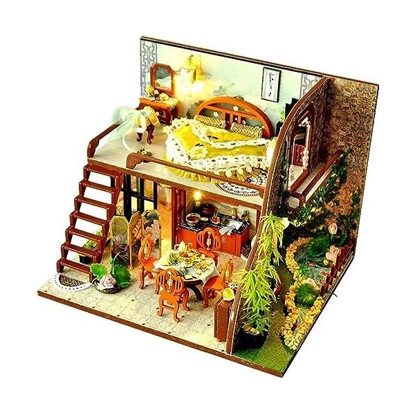 Kit de Maison De Poupée Bricolage, Maison de poupée Miniature en Bois avec Meubles et lumières LED, Kits de modèles de Maison