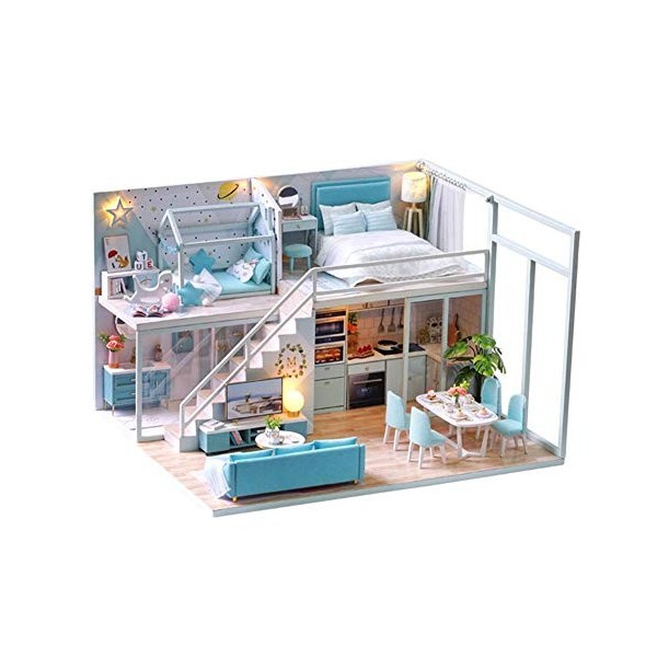 knowledgi Kit de maison de poupée miniature réaliste 3D en bois avec meubles lumières LED et mouvement de musique, Noël, anni