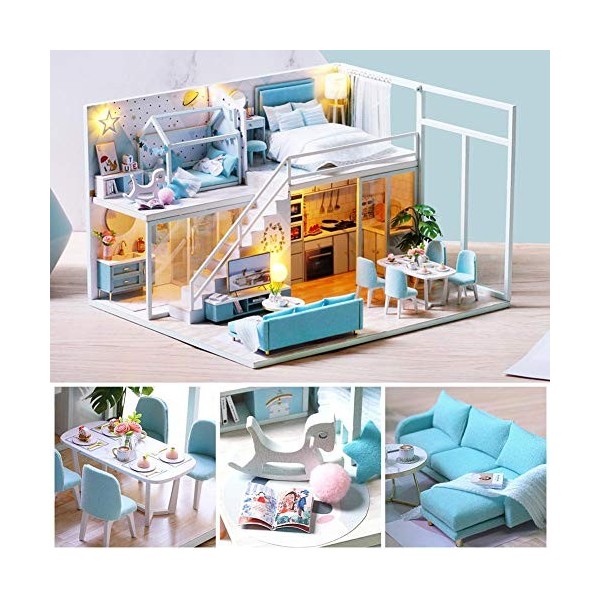 knowledgi Kit de maison de poupée miniature réaliste 3D en bois avec meubles lumières LED et mouvement de musique, Noël, anni