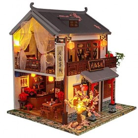 WonDerfulC Maison de poupée miniature en bois de style chinois à monter soi-même, modèle Villa 3D, kit de meubles de Noël, fê