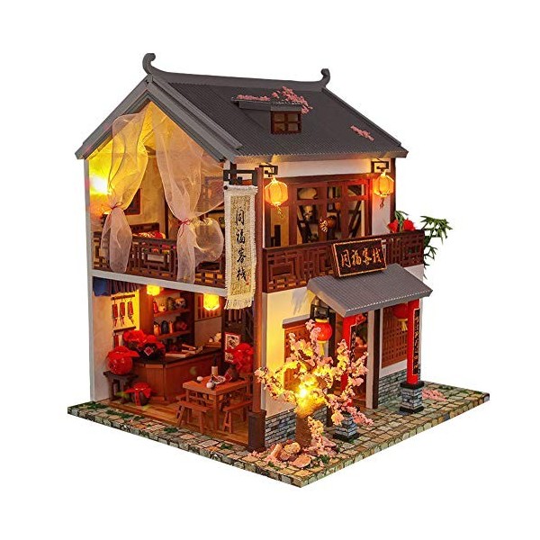 WonDerfulC Maison de poupée miniature en bois de style chinois à monter soi-même, modèle Villa 3D, kit de meubles de Noël, fê