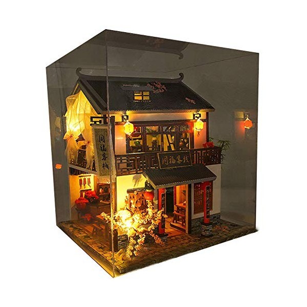WonDerfulC Maison de poupée miniature en bois de style chinois à monter soi-même, modèle Villa 3D, kit de meubles de Noël, fê