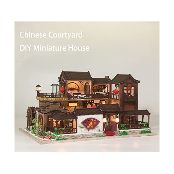 Maison de poupée miniature avec kit de meubles Mini maison de poupée avec accessoires Cour chinoise DIY Kit de maison miniatu