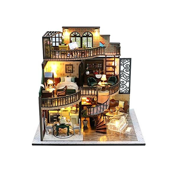 Fsolis Kit de maison de poupées miniatures à faire soi-même, kit miniature avec meubles et lumière LED puzzle 3D en bois mini