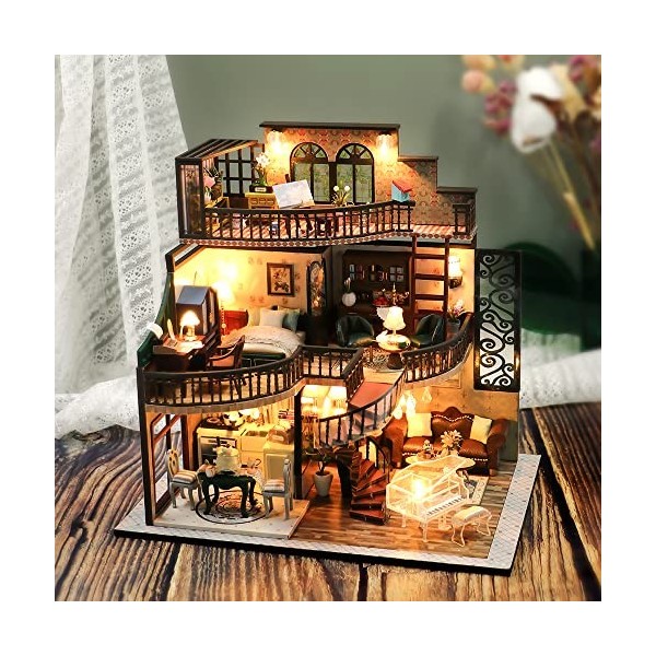 Fsolis Kit de maison de poupées miniatures à faire soi-même, kit miniature avec meubles et lumière LED puzzle 3D en bois mini