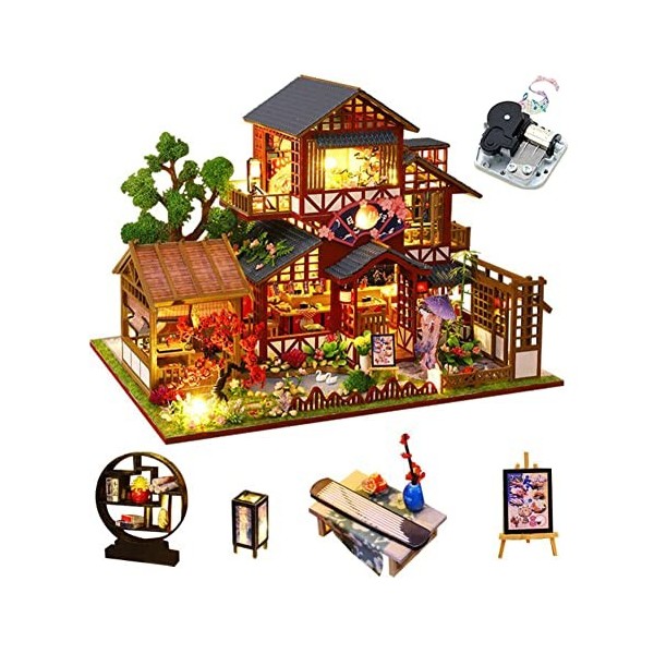 Maison de poupée miniature de style japonais rétro avec meubles, kit maison de poupée en bois bricolage avec musique, échelle