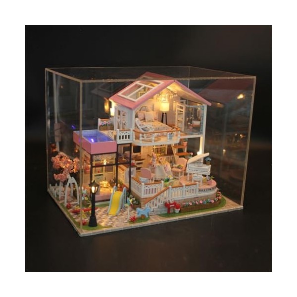 Erhumama Miniature Dollhouse DIY Kit Antipoussière et Aire de Jeux En Bois Dollhouse Meubles LED Lumières À La Main Puzzle Mo