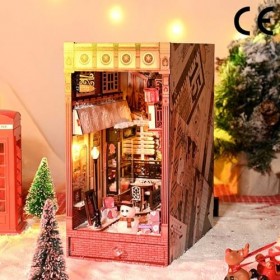 Kit de Maison de Poupée Miniature, Décor Dinsertion de Coin de Livre Bricolage, Bibliothèque Puzzle en Bois 3E avec Lumière 