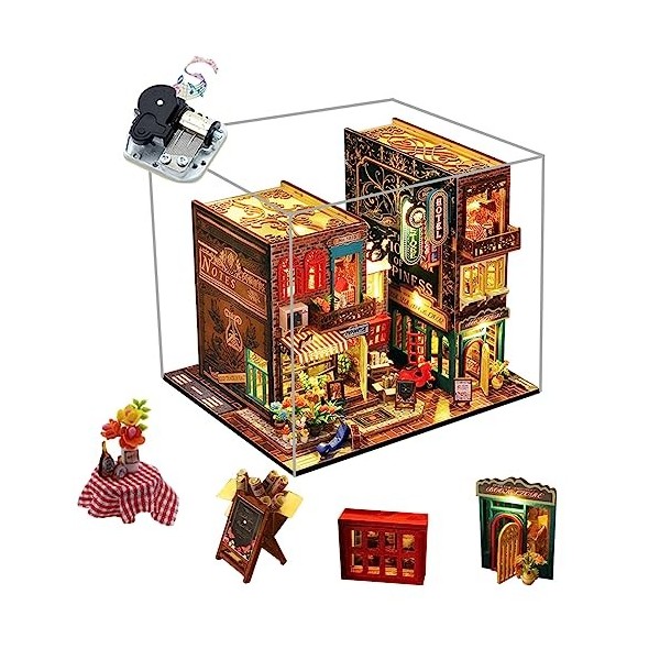 Kit de maison de poupée miniature à faire soi-même avec anti-poussière et musique DIY Book Nook Model Kit DIY Maison en bois 