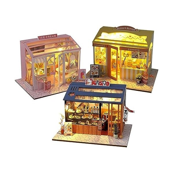 Puzzles 3D Kit Meubles Miniatures en Bois Maison Poupée À Faire Soi-Même pour Magasin Sushi/Magasins Crème Glacée/Magasin Des