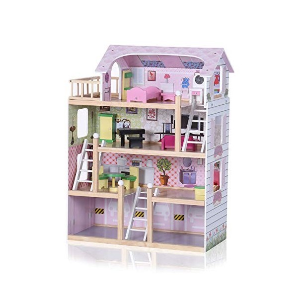 Baby Vivo Maison de Poupée en Bois pour Enfants Maison de Poupée de Chambre Villa résidentielle avec Escaliers Accessoires Mi