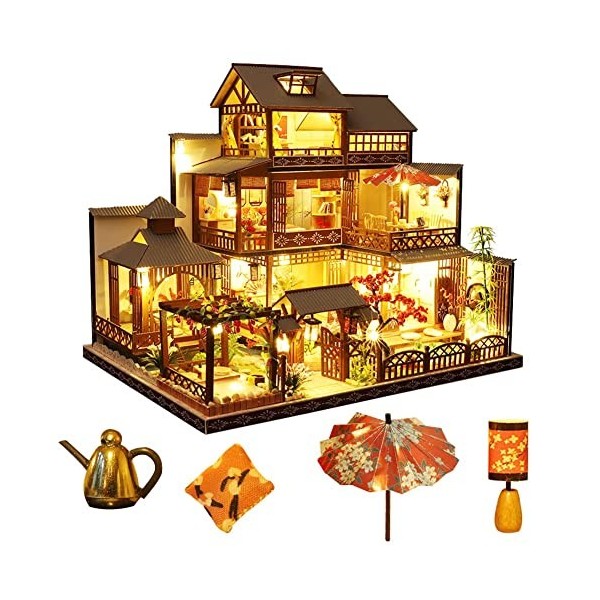 Maison de poupée Miniature de Style Japonais - Villa rétro avec Meubles, kit de Maison de poupée en Bois avec lumière LED, éc