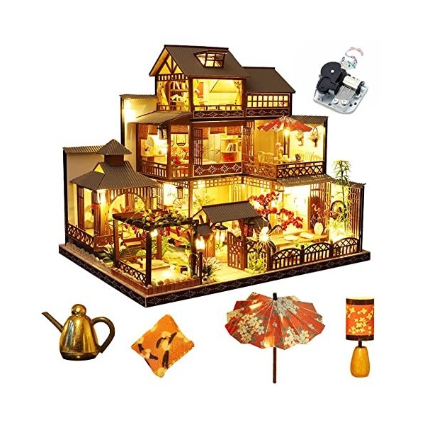 Maison de poupée Miniature de Style Japonais - Villa rétro avec Meubles, kit de Maison de poupée en Bois avec lumière LED, éc