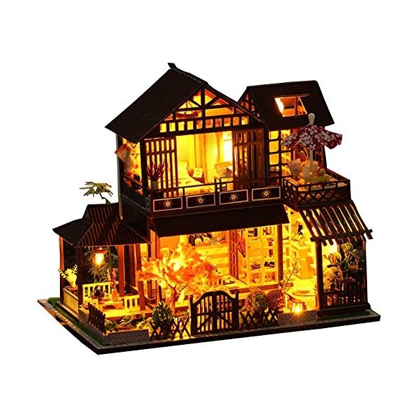 XLZSP Maison de poupée miniature en bois à monter soi-même - Modèle Villa japonais rétro - Maison de poupée en bois avec lumi