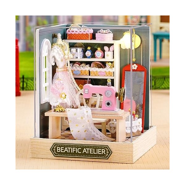 Kisoy Beatific Atelier Maison de poupée miniature en bois 3D à faire soi-même avec housse anti-poussière, jouet fait à la mai