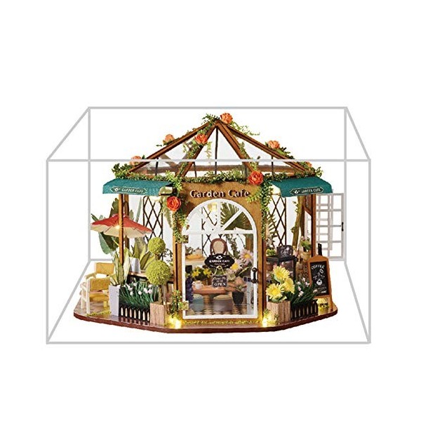 Erhumama bricolage meubles de maison de poupée avec couvercle anti-poussière café en bois Miniature maison puzzle modèle déco