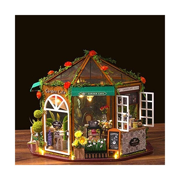 Erhumama bricolage meubles de maison de poupée avec couvercle anti-poussière café en bois Miniature maison puzzle modèle déco