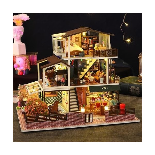 Maison de poupée romantique miniature en bois faite à la main avec LED, jouets créatifs pour amis anniversaire maison de pou