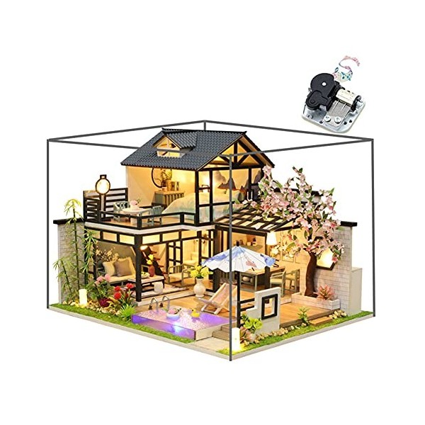 erhumama Maison de poupée musicale avec housse de protection contre la poussière - Lumière LED - Villa chinoise - miniature K