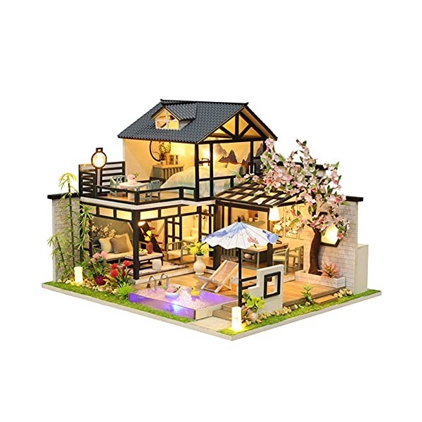 erhumama Maison de poupée musicale avec housse de protection contre la poussière - Lumière LED - Villa chinoise - miniature K