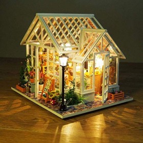 Maison de poupée Miniature en Bois Kit de Maison de poupée Bricolage 1:24 Serre avec Meubles et LED