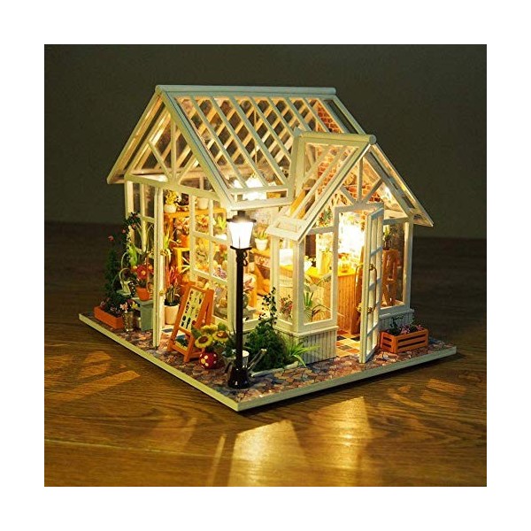 Maison de poupée Miniature en Bois Kit de Maison de poupée Bricolage 1:24 Serre avec Meubles et LED