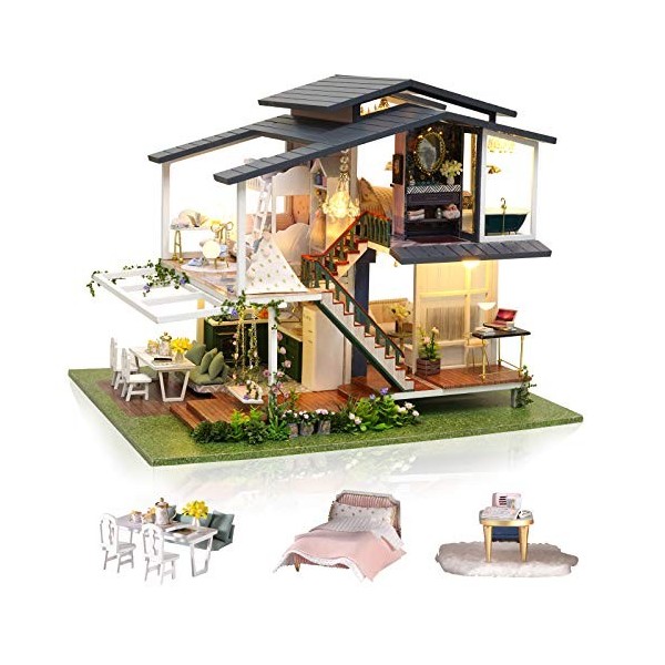 Cuteefun Maison Miniature a Construire DIY Maison Poupee Miniature Bois en Kit avec Musique et Meubles, Cadeau de Bricolage A