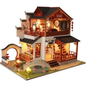 Kit De Maison De Poupée Miniature 3D En Bois Avec Couvercle Anti-Poussière Et Lumières LED Décoration De Noël Cadeau Dannive