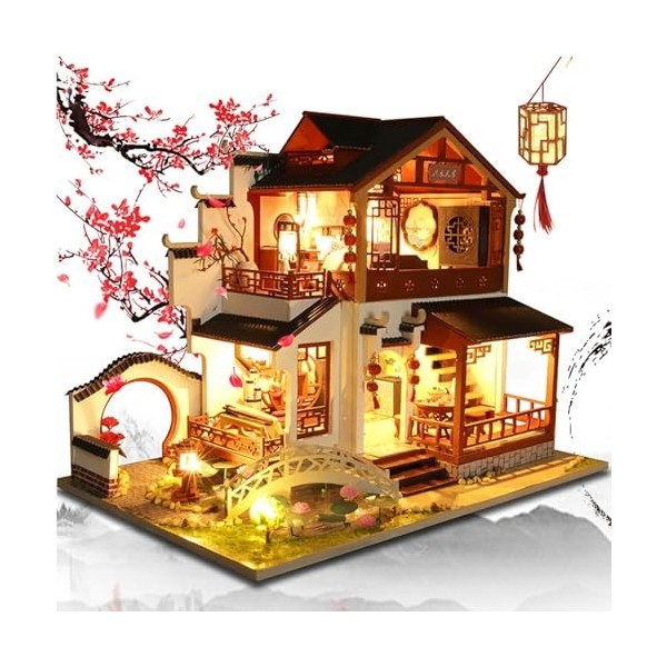 Kit De Maison De Poupée Miniature 3D En Bois Avec Couvercle Anti-Poussière Et Lumières LED Décoration De Noël Cadeau Dannive