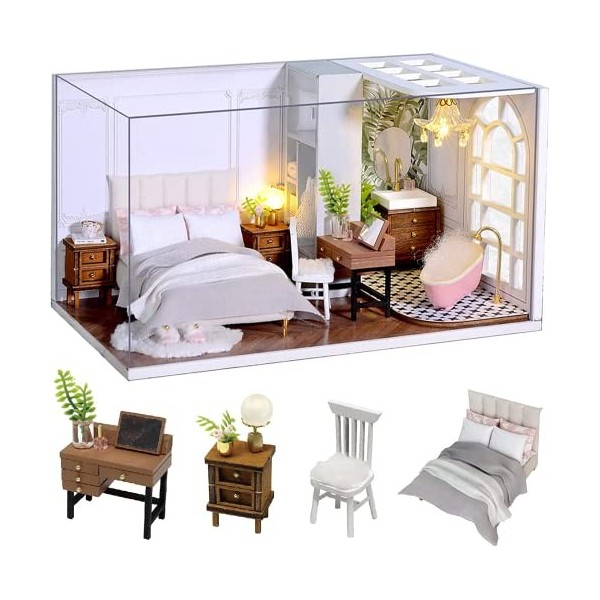 CUTEROOM Maison de poupée miniature en bois avec housse anti-poussière, lumière LED et accessoires – Maison de poupée série Q