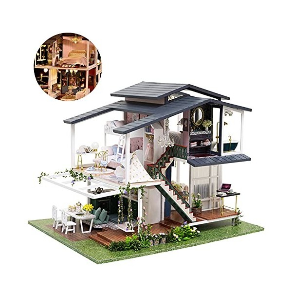 ROMACK Maison de poupée de Jardin, Conception de Villa à Trois étages à 360 degrés, kit de Maison de poupée Miniature à Faire