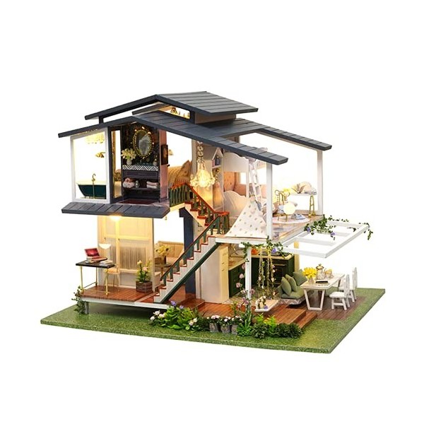 Gedourain Maison de poupée Miniature, Conception de Villa à Trois étages à 360 degrés Kit de Maison de poupée Bricolage à sav