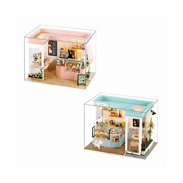 WonDerfulC Lot de 2 mini maisons de poupée en bois 3D avec meubles, style magasin de gâteaux, maison en bois à faire soi-même