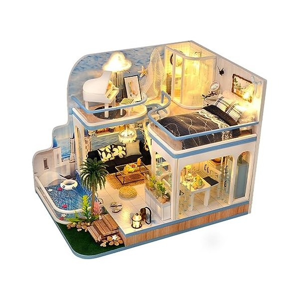 Qoier Kit de Maison Modèle en Bois avec Cache-Poussière/Lumière/Accessoires DIY Maison de Poupée Mini Kit de Maison pour Enfa