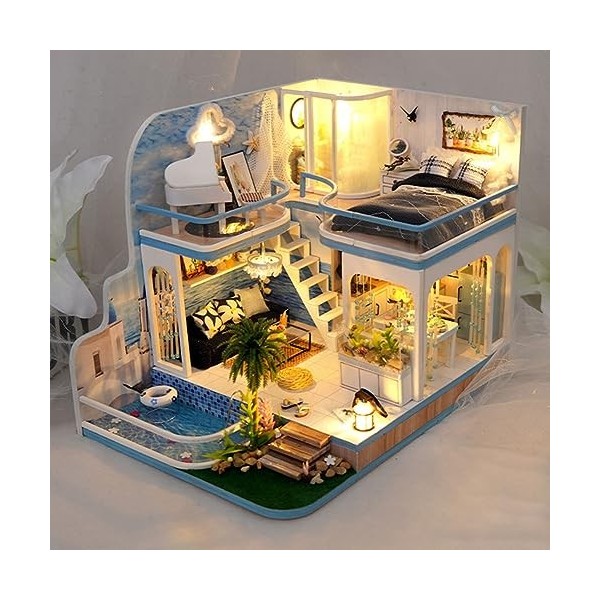 Qoier Kit de Maison Modèle en Bois avec Cache-Poussière/Lumière/Accessoires DIY Maison de Poupée Mini Kit de Maison pour Enfa