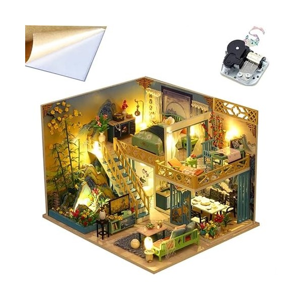 Kit de maison de poupée miniature en bois à monter soi-même, kit de maison de poupée avec housse anti-poussière et boîte à mu