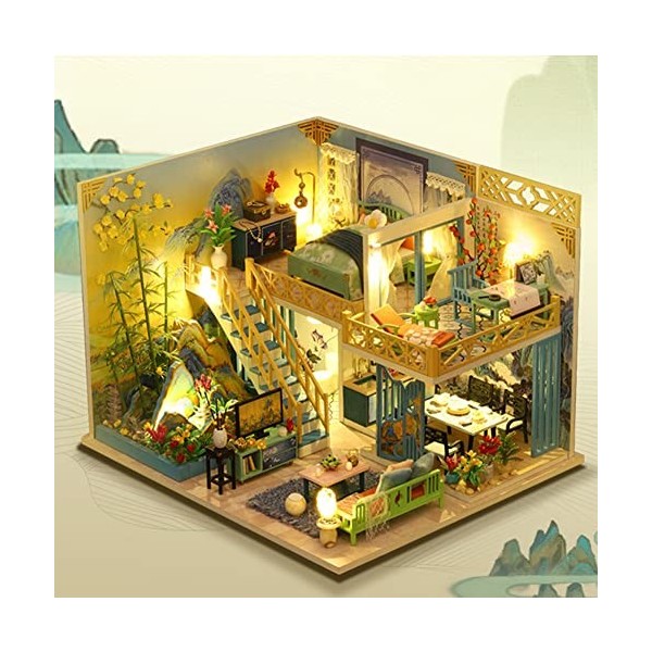 Kit de maison de poupée miniature en bois à monter soi-même, kit de maison de poupée avec housse anti-poussière et boîte à mu