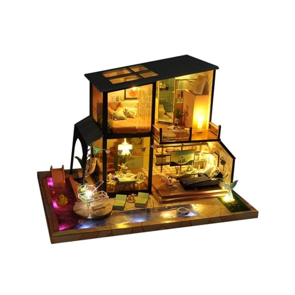 THEGO Mermaid Legend Kit maison de poupée miniature 3D avec 6 lumières LED, maison de poupée en bois avec meubles et musique,