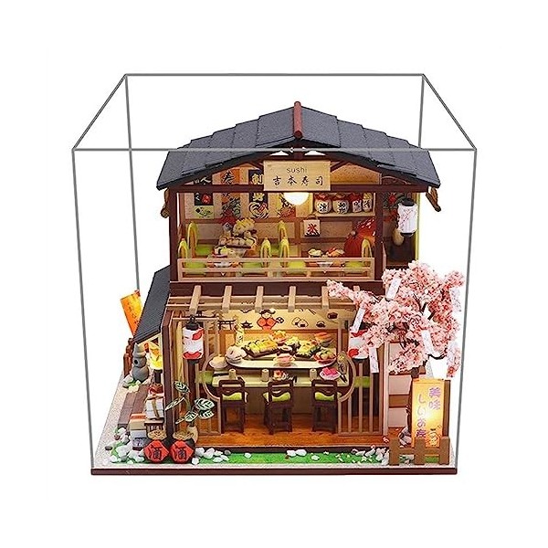 STOYRB Kit de Maison de poupée Miniature Bricolage Kit Miniature de Bricolage Anti-poussière Ampoules LED Sushi Restaurant Ca