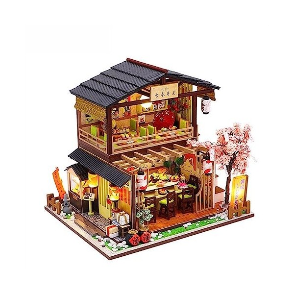 STOYRB Kit de Maison de poupée Miniature Bricolage Kit Miniature de Bricolage Anti-poussière Ampoules LED Sushi Restaurant Ca