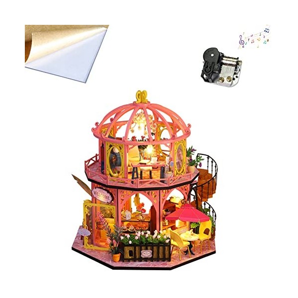 Kit de maison de poupée miniature en bois fait à la main avec lumière LED résistante à la poussière et illustration musicale 