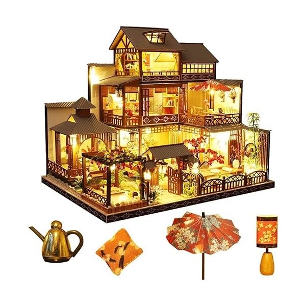 erhumama Maison de poupée miniature à faire soi-même avec kit de meubles fait à la main à trois étages de style japonais modè