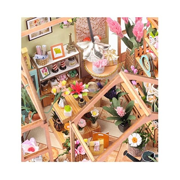 rumenfty Mini Fleur Magasin Bricolage Artisanat Maison De Poupée Kit Dollhouse en Bois Éclairage LED Salle Créative pour lid