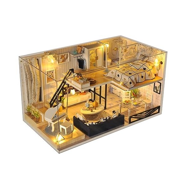 Qoier Kit de Maison Modèle en Bois avec Musique/Cache-Poussière/Lumière/Accessoires Kit de Mini Maison Miniature DIY pour Enf