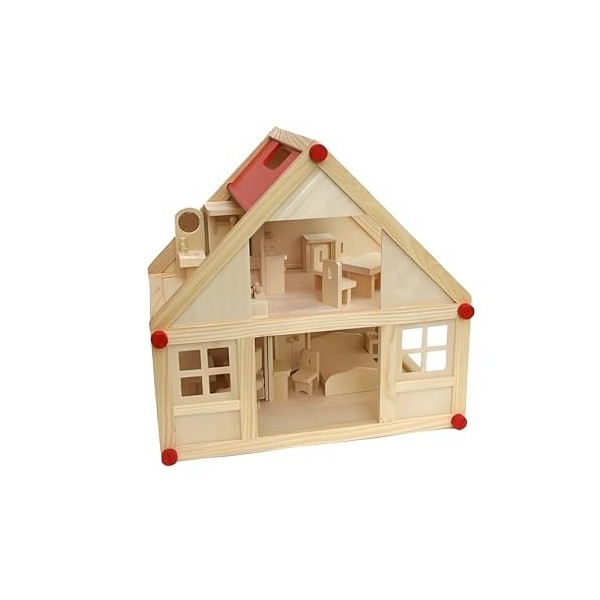 Freda Maison de poupée en bois rosé + meubles de maison de poupée + meubles de maison de poupée + famille de poupées avec vêt