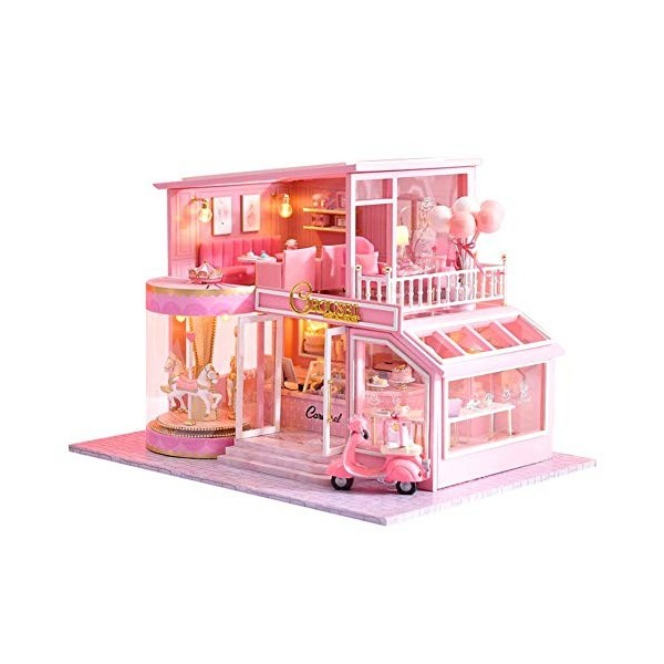 funnyfeng Kit De Maison De Poupée Loft Miniature, Maison De Poupée Bricolage, Jouet 3D De Chambre en Bois Rose avec, Lumières