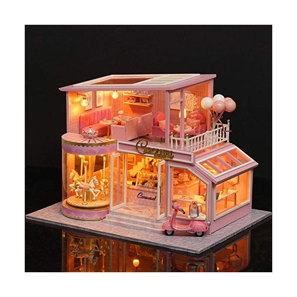 funnyfeng Kit De Maison De Poupée Loft Miniature, Maison De Poupée Bricolage, Jouet 3D De Chambre en Bois Rose avec, Lumières