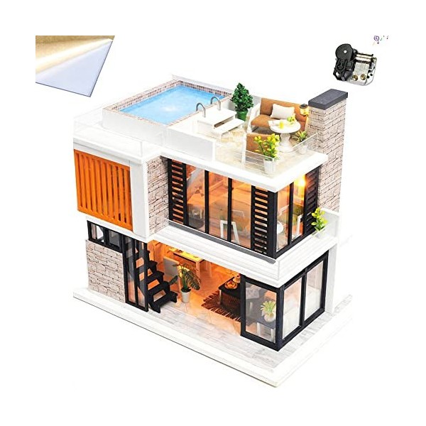 Maison de poupée miniature à faire soi-même - Villa moderne - 1:24 - Puzzle en bois avec lumière LED - Couvercle anti-poussiè